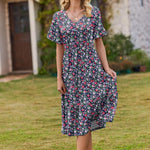 Nadorine Damen Elegant V-Ausschnitt Kleider A Linie Kurzarm Freizeitkleid (DE Only)