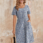 Zeagoo Womens Midi Dress Short Sleeve A-Line Cotton Linen Dress