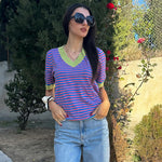 Nadorine Short Sleeve Sweaters Soft Casual V Neck Pullover Tops
