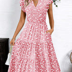 Nadorine Casual Ruffle Sleeve V Neck Midi Dress