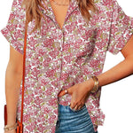 Nadorine Linen Shirts Cotton Short Sleeve V Neck Collared Blouses