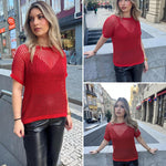 Nadorine Short Sleeve Crochet Sweater Tops