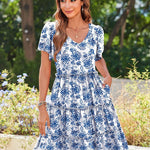 Nadorine Summer Tiered Mini Dress with Pockets Ruffle Sleeve Dress