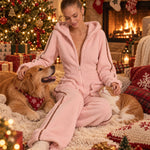 Casual Warm Fleece Color Block Long-Sleeved Hooded Jumpsuit