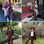 Women 2 Piece Outfits Sets Linen Button Down Long Sleeve Shirts and Wide Leg Pants Sets - Nadorine (Us Only)