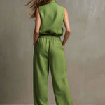 Casual Retro Green Cotton Linen Sleeveless Zip-up Shirt And Wide-leg Pants Set