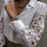 Nadorine Elegant Lace V-NeckShirt Solid Color Hollow Out Long Sleeve Patchwork Blouse
