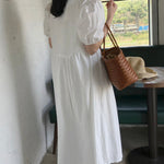 Original Loose Solid Color Pleated Puff Sleeves Midi Dress