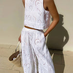 Two Piece Outfits Hollow Out Sleeveless Crop Tops Wide Leg Pants Set