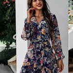 V-neck Long-sleeved Chiffon Print Dress