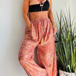 Vintage Boho Ethnic Print High Rise Elastic Drawstring Waist Pocketed Loose Pants