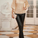 Solid Color Sequined V-neck Hollow Sleeve Slim Fit Top