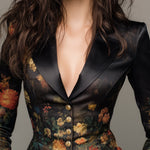 Elegant Oil Painting-style Floral Print Fitted Satin Blazer
