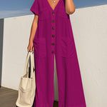 Loose Short Sleeves Buttoned Pockets Solid Color V-Neck Jumpsuits