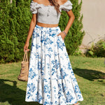 Nadorine Boho Maxi Flowy Elastic A-Line Tiered Floral Skirts