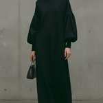 Women's Modern Black Turtleneck Puff-Sleeve Sweatshirt Maxi Dress