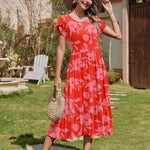 Nadorine Midi A Line Dress Short Sleeve Casual Flowy Tiered Sundress (US Only)