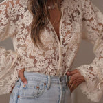 Lace V-neck Bell Sleeve Sheer Shirt