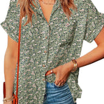 Nadorine Linen Shirts Cotton Short Sleeve V Neck Collared Blouses