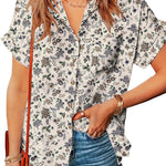 Nadorine Linen Shirts Cotton Short Sleeve V Neck Collared Blouses