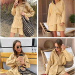Women Two Piece Outfits Lounge Sets Cotton Long Sleeve Shirts and High Waisted Mini Shorts With Pockets - Nadorine (Us Only)