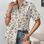 Nadorine Button Down Blouse Rolled Cuffed Short Sleeve Shirts