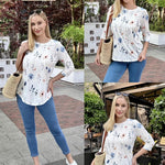 Nadorine 3/4 Length Sleeve Tops Loose Fit Shirts Pleated Tunics