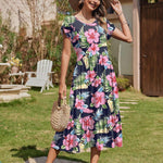 Nadorine Midi A Line Dress Short Sleeve Casual Flowy Tiered Sundress (US Only)