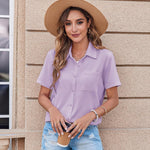 Nadorine Button Down Shirt Bust Pocket Short Sleeve Blouses