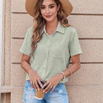 Nadorine Button Down Shirt Bust Pocket Short Sleeve Blouses
