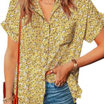 Nadorine Linen Shirts Cotton Short Sleeve V Neck Collared Blouses
