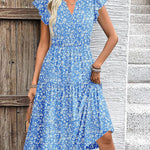 Nadorine Casual Ruffle Sleeve V Neck Midi Dress