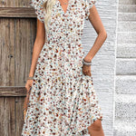 Nadorine Casual Ruffle Sleeve V Neck Midi Dress