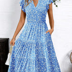 Nadorine Casual Ruffle Sleeve V Neck Midi Dress