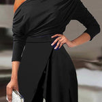 Solid Color One-Shoulder Long Sleeves T-Shirt + High-Waisted Wide Leg Pants Trousers Two Pieces Set