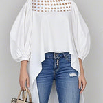 High-Low Long Sleeves Hollow Pleated Solid Color Round-Neck Blouses&Shirts Tops