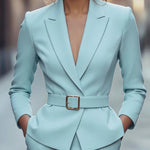 Light Blue Belted Blazer & Pencil Skirt Set