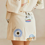 Kea Linen Blend Unique Print Short Sleeve Shirt and High Rise Wrap Panel Miniskirt Set