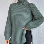 Mid-Length Raglan Sleeve Turtleneck Slit Sweater