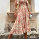 Pitaya Unique Print Off Shoulder Smocked Ruffle Sleeve Layered Midi Dress