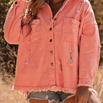 Distressed Raw Hem Denim Jacket with Chest Pockets