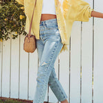 Stylish Lapel Long Sleeve Ripped Denim Jacket