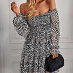Ribbed Long Sleeve Chiffon Dress Crewneck Elegant Batwing Bohemian Floral Printed Dress