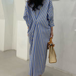 Long Sleeves Loose Buttoned Contrast Color Pockets Striped Lapel Midi Dresses Shirt Dress