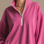 Sporty Retro Pink Cotton Half-Zip Ruffle Sweatshirt Mini Dress