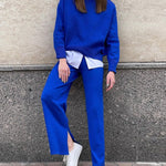 Solid Color Knitted Two Pieces Turtleneck Sweater Set Loose Top + Slit Trouser Pants
