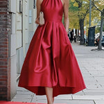 A-Line High-Low High Waisted Pleated Pockets Solid Color Halter-Neck Maxi Dresses