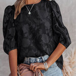 Nadorine Five Quarter Sleeves Puff Sleeves Round Neck Top Chiffon Loose Flower Texture Casual Shirt