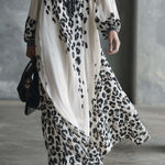 Retro Fashion Flowing V-neck Black Leopard Print White Chiffon Maxi Dress