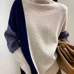 Nadorine Color Stitching Pullover Wool Long Sleeve Loose Turtleneck Knit Sweater